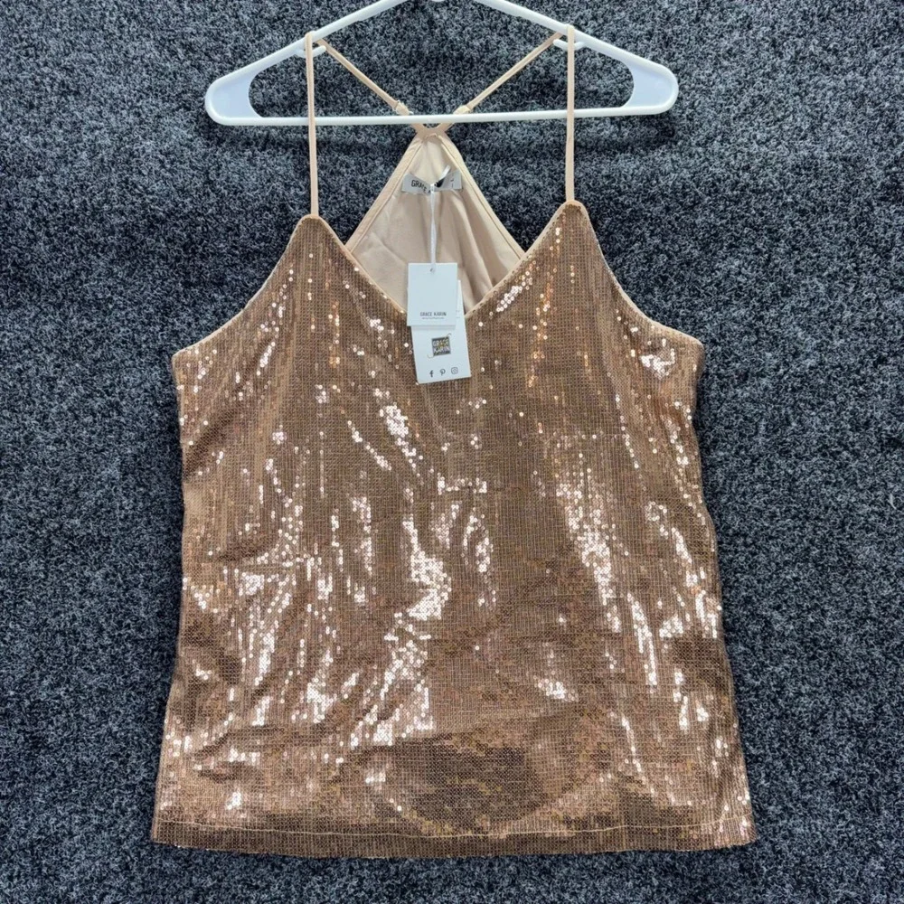 Grace Karin Womens Sequin Camisole V-Neck Spaghetti Strap Party Top Rose Gold L